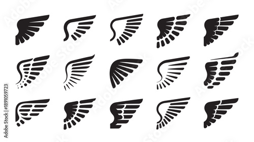 Black wing icons in various styles and designs on white background for graphic design