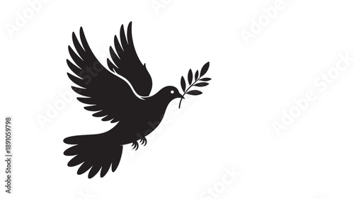 Dove flying with olive branch in minimalist black silhouette on white background for peace symbol