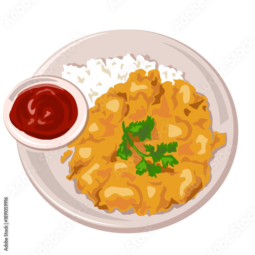 Thai Style Crispy Omelet on Rice with Chili Sauce Vector Illustration