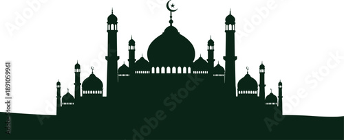 Dark green panoramic mosque silhouette with multiple minarets and central dome featuring a crescent moon and star for Islamic religious holidays and architectural designs.