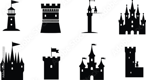 Medieval castle tower silhouette vector set with fairy tale fortresses, princess towers, fantasy architecture icons isolated on white background