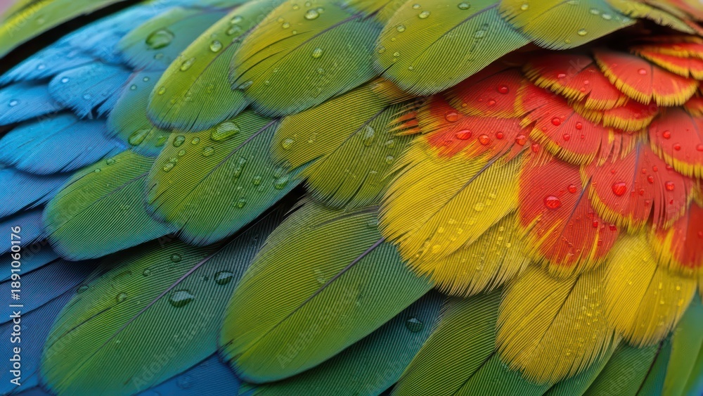 Obraz premium Vibrant close-up of colorful macaw feathers with water droplets showcasing blue, green, yellow, and red plumage