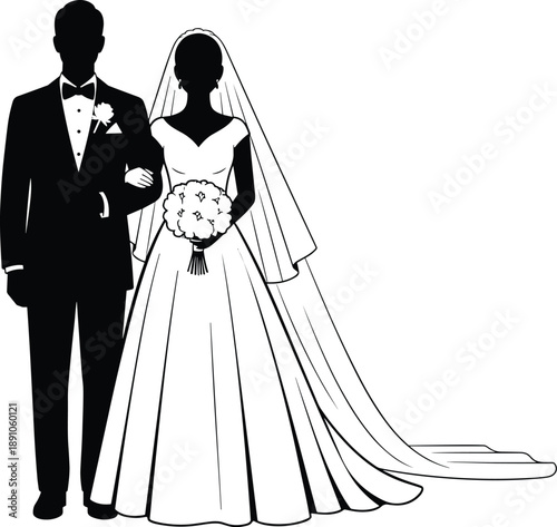 Elegant Black Silhouette of Bride and Groom for Wedding Invitation Design Marriage Ceremony Celebration Anniversary Greeting Card and Romantic Bridal Fashion Couple Graphic Asset