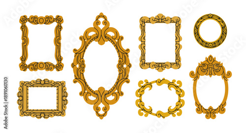 Vintage picture frames set. Wall art gallery borders in old antique style. Baroque baguettes. Retro historical museum decoration for paintings. Flat vector illustration isolated on white background