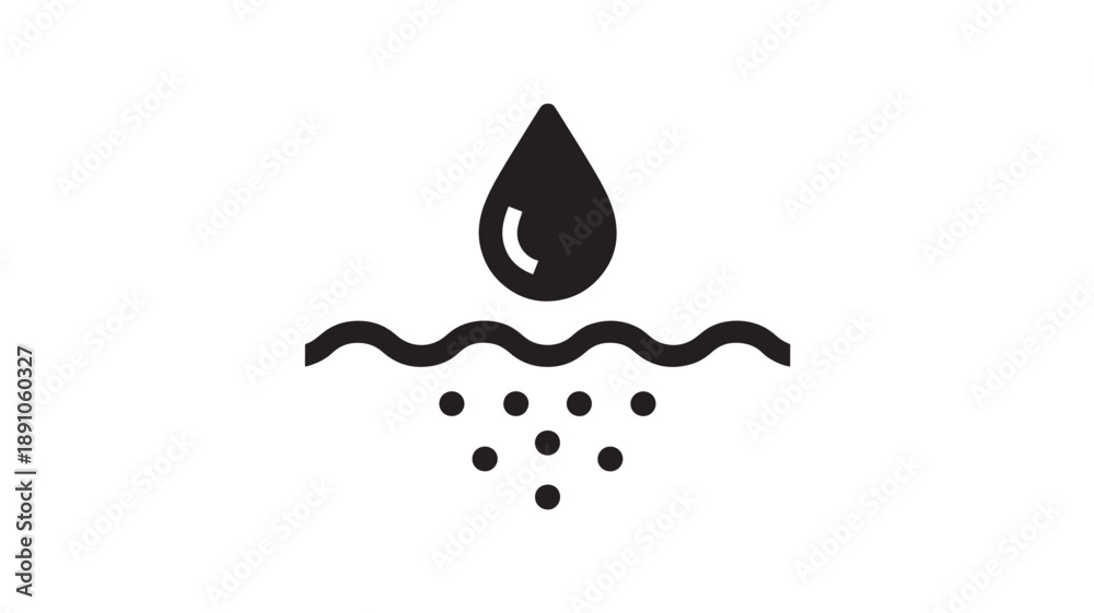 Fototapeta premium Water Droplet Splashing into Liquid with Ripples in Simple Black Iconic Style on White Background for Logo Design