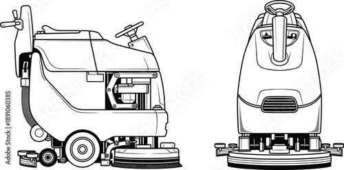 Professional Industrial Floor Scrubber Machine Vector Illustration Set Featuring Side and Front View Outline for Commercial Cleaning Service Branding Maintenance and Janitorial Equipment Catalog