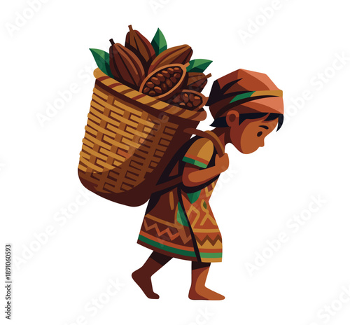 Vector illustration of a young indigenous girl carrying a heavy basket of cocoa pods on her back representing child labour in agriculture and poverty issues