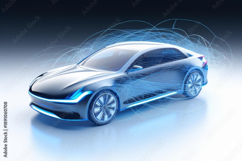 Fototapeta premium Electric concept vehicle displaying blue glowing energy lines representing technology and aerodynamic design