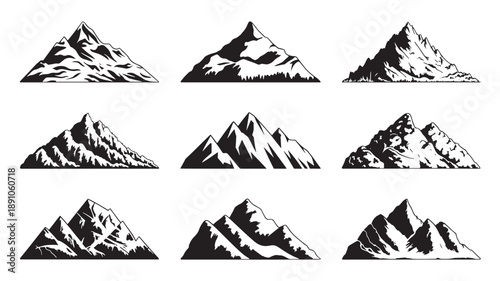 Mountain Silhouettes in Various Styles with Dramatic Shadows on White Background for Graphic Design