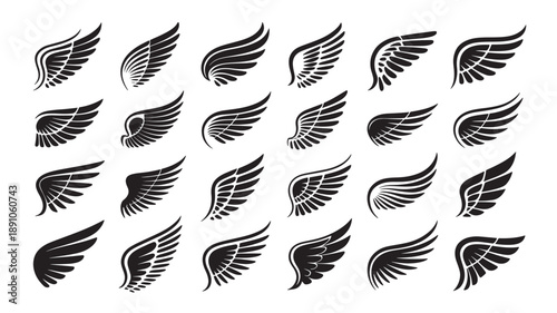 Black wing icons in various styles on white background for graphic design