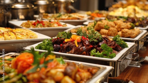 Wallpaper Mural A colorful buffet display features an assortment of dishes including meats vegetables and appetizers. The food is artfully arranged creating an inviting scene for guests at a festive gathering. Torontodigital.ca