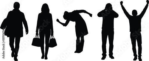 Silhouette of person raising hands as dog approaches on white background, minimalist black and white vector, human and pet interaction concept