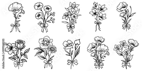 Flower bouquets. Blooming garden and wild plants in beautiful bouquet, blossom bunch and botanical gift vector set.
