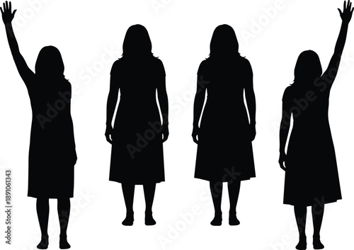 Four silhouetted women in knee-length dresses with varied arm gestures against white background, minimalist body language study for design and visual communication