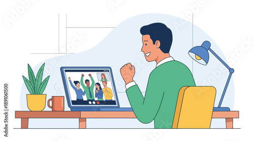Remote worker celebrating team success on video call