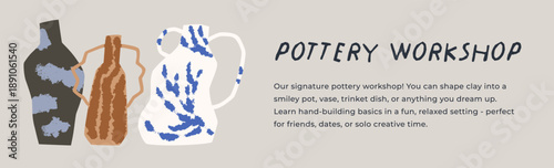 Ceramics banner. Pottery workshop, long web background design with handmade earthenware, ceramic vases, crockery. Stoneware studio, school, horizontal promotion card. Flat vector illustration
