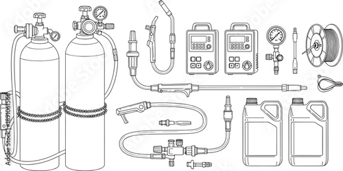 Set of Professional Industrial Floor Scrubber Machine Vector Illustrations Featuring Side and Front View Outlines for Commercial Cleaning Service Branding and Janitorial Equipment Maintenance