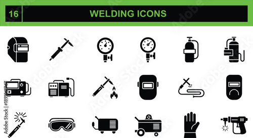 Set of Professional Welding Equipment Icons Including Protective Helmet Gas Tank Pressure Gauge Soldering Torch and Safety Goggles for Industrial Maintenance and Manufacturing Design