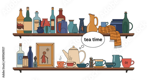 Kitchen shelves filled with eclectic ceramic bottles and jars include a cozy tea time illustration featuring a warm scarf and a framed picture.