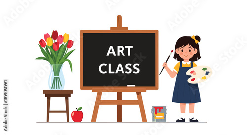 Artistic illustration shows a young girl focused on painting on a canvas during an art class next to a bright tulip bouquet and a red apple.