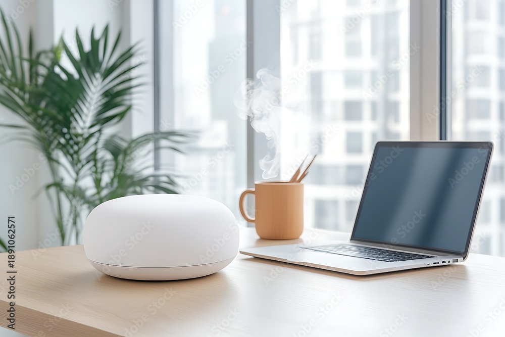 Fototapeta premium Modern Workspace with Laptop, Coffee Mug, Air Purifier, and Indoor Plant by the Window