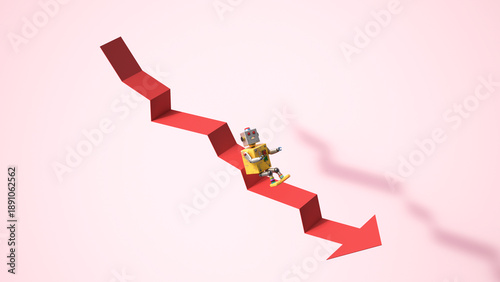 3d robot sitting on downward stock market arrow symbolizing loss