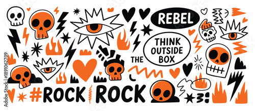Hand Drawn Doodle Elements Skulls Flames Lightning Bolts Hearts and Text on White Background illustration