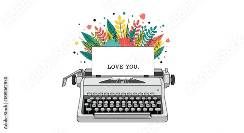 Vintage typewriter illustration has colorful autumn leaves and plants growing from the paper with a romantic message of love typed on the page.