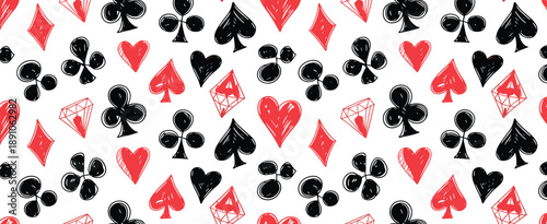 Seamless Pattern of Hand- Drawn Playing Card Suits and Diamonds in Red and Black on White playing cards