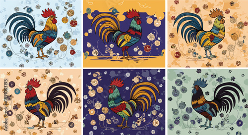 Grid of stylized rooster illustrations features vibrant colors and traditional folk art patterns with unique floral backgrounds for each bird.