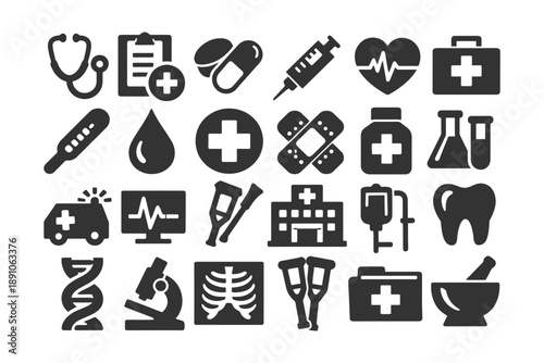 Medical icon set: healthcare symbols including stethoscope, syringe, microscope, heart, pills, dna.