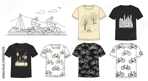 Collection of bicycle themed t-shirt graphics includes various patterns and illustrations for cycling enthusiasts in diverse colors and styles.