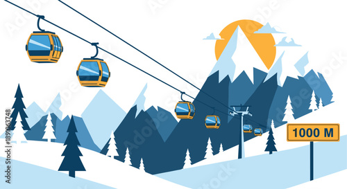 Winter resort scene depicts yellow cable car gondolas ascending snow covered mountains with pine trees and a bright orange sun in the sky.