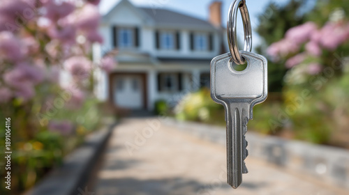 Key hanging on a ring in foreground, with a blurred house and blooming flowers in the background, symbolizing new beginnings and home ownership journey