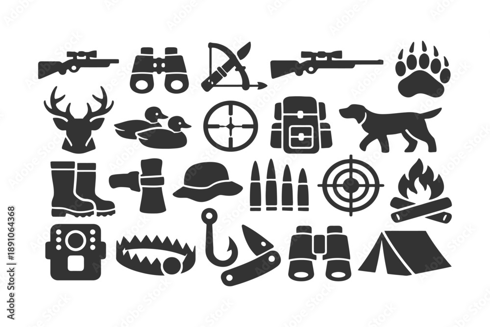 Fototapeta premium Hunting and camping icon set: equipment, animals, and outdoor tools.
