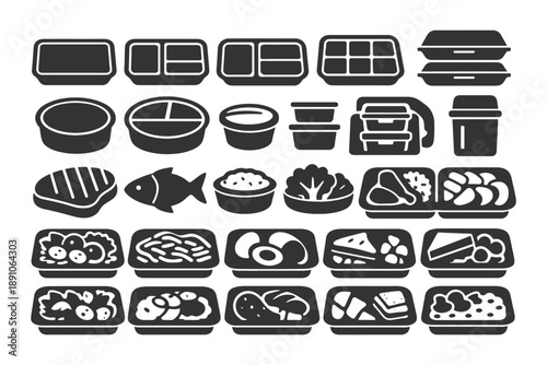 Assorted black silhouette food containers and meals.
