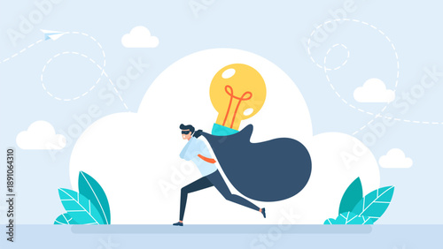 Thief stealing idea. Man with bag stealing an idea metaphor. Plagiarism concept, infringement of copyright. Thief in a mask running away with a light bulb. Intellectual property. Vector illustration