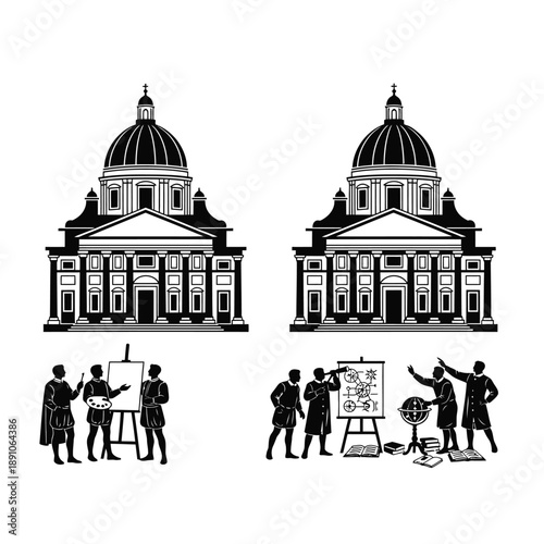 Renaissance period silhouette vector with artists, scientists, and classical architecture on white background-01.eps