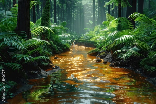 Chocolate river flowing through a rainforest.