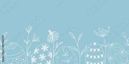 Template with white silhouette of painted eggs, wildflowers and herbs. Horizontal blue background with botanical border. Layout for postcard, banner, invitation, Easter greetings, vector graphic