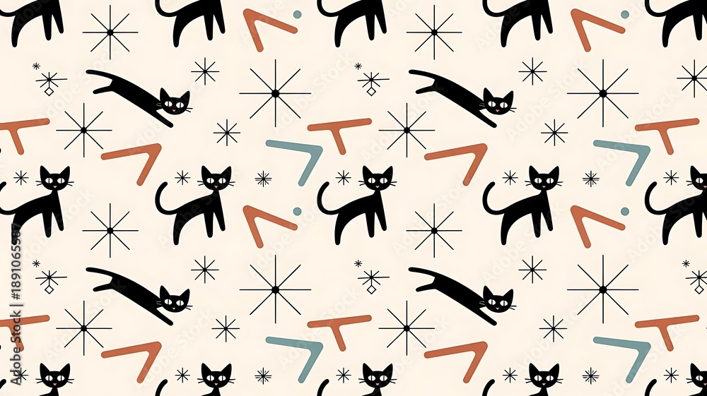 Fototapeta premium Whimsical black cats in playful mid-century modern pattern