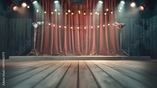 Dynamic 3D circus stage with red curtain and carnival lighting, featuring a vintage podium, spotlight, and ringmaster in a cartoon setting.