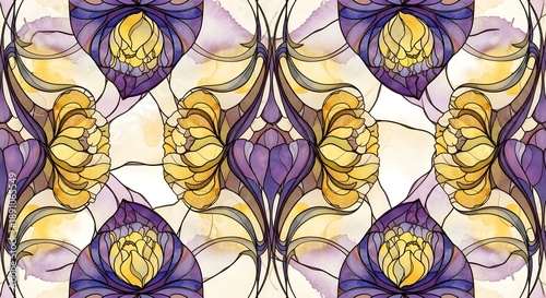 Purple and yellow tulip pattern in stained glass style on cream background