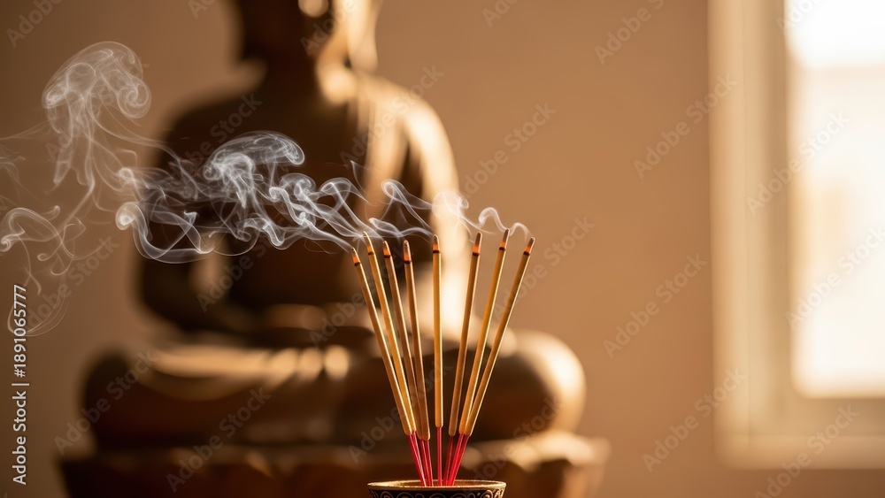 Fototapeta premium Serene meditation setting with incense sticks and buddha statue in soft sunlit room