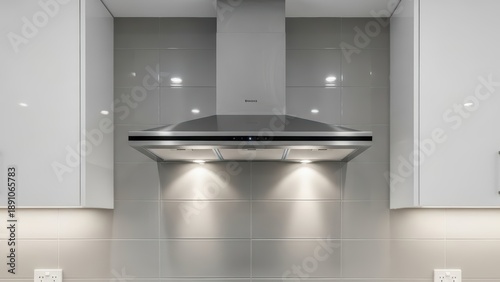 Modern stainless steel kitchen range hood with gray tile backsplash and white cabinets in contemporary interior design