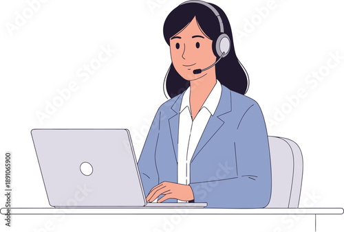 Customer service representative in headset working on laptop computer at desk