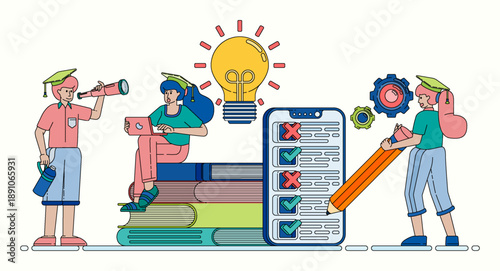 Line illustration of education ideas shown through mobile learning apps with checklists surveys and exam tools for online assessment systems. Can be used for banner flayer website ads social media