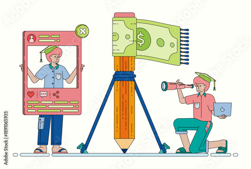 Line illustration of free education support using scholarship funds tied to pencils symbolizing accessible learning and academic opportunities. Can be used for banner flayer website ads social media
