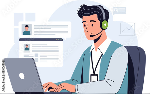 Customer support agent managing chat messages and data on laptop with headset