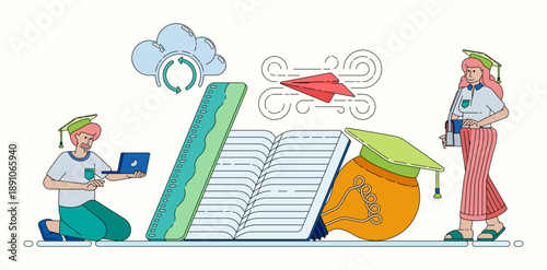 Line illustration of cloud computing with open books representing digital reading resources knowledge sharing and online education ideas. Can be used for banner flayer website ads social media